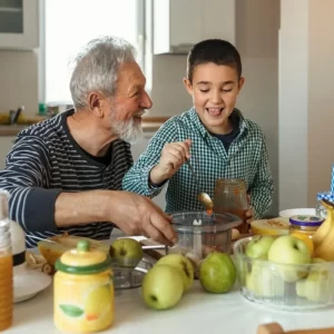 Grandfather making a fruit dish with his grandson